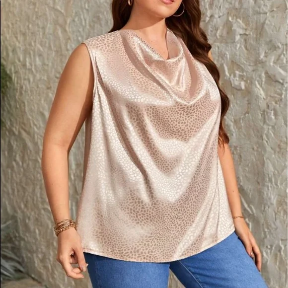 Plus Size Jacquard Draped Neck Collar Satin Sleeveless Blouse Top - Picture 3 of 6